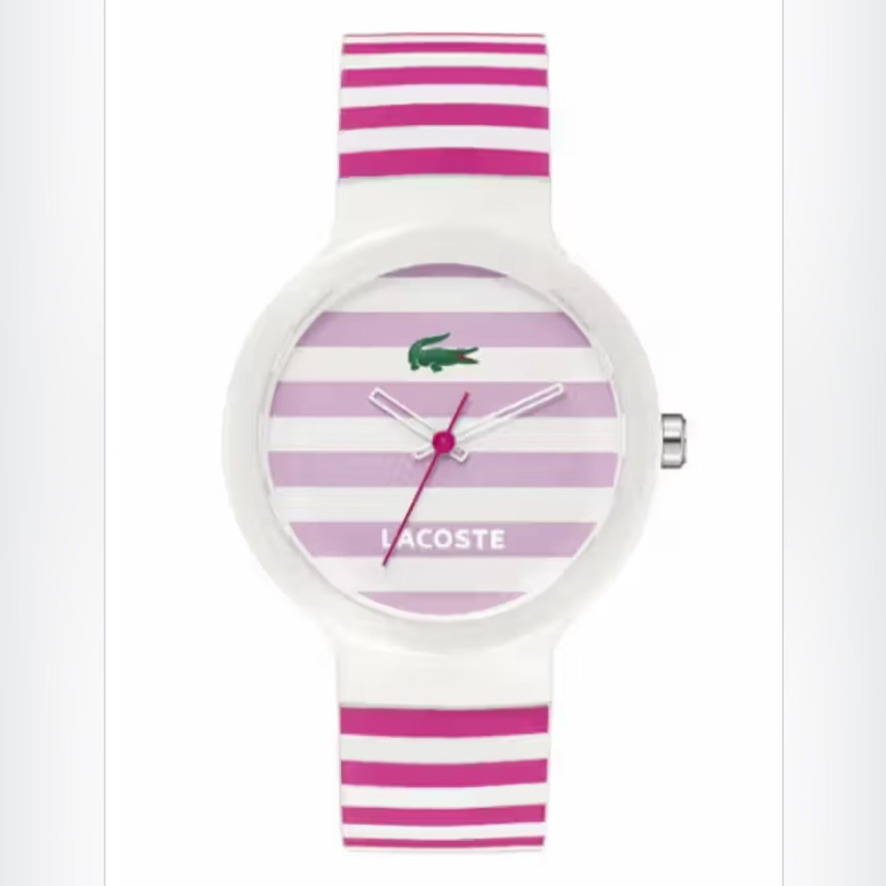 Lacoste Pink & White Striped Silicone Watch | Women’s Sporty Preppy Style